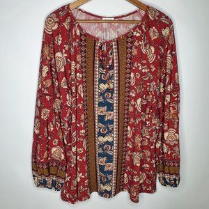 Westport Womens Floral Blouse Size 2X Burgundy Beaded Tie Neck Long Sleeve Boho